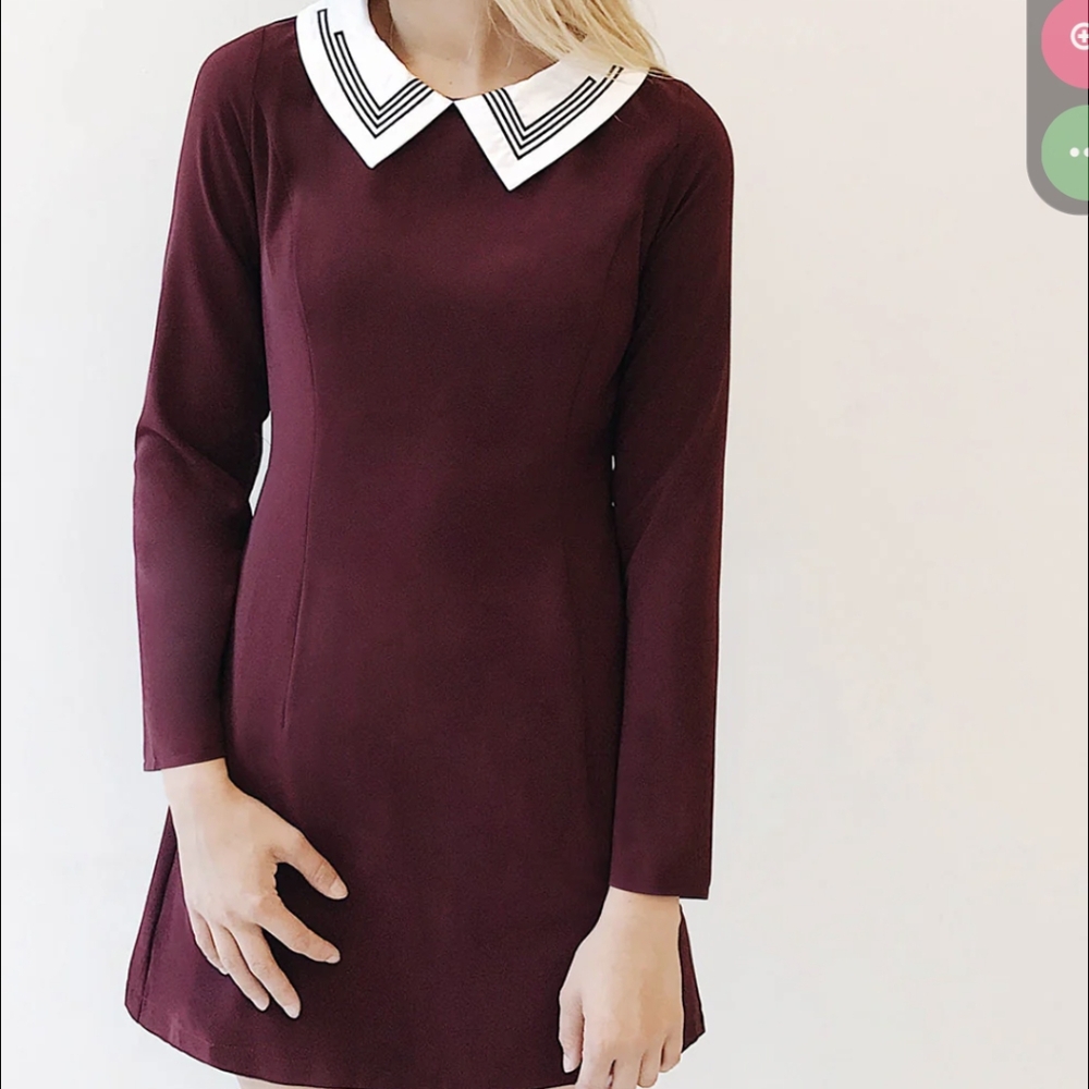 1901 Burgundy Dark Academia Dress with Long Sleeves and Peter Pan Collar